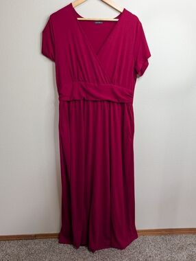Wrap-Style Maxi Dress with Pockets | Size XXL | Magenta/Burgundy